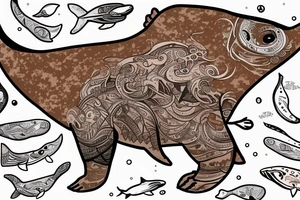 A whale on a snowboard dressed in a brown bear skin tattoo idea