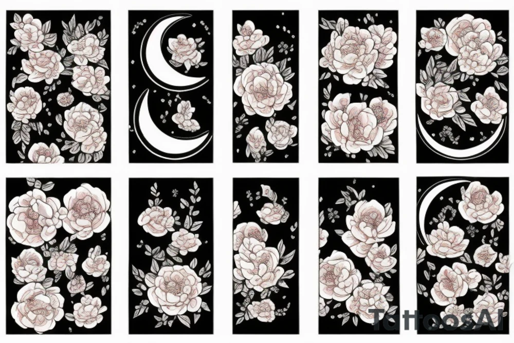 Cat, moon, scull, peonies tattoo idea