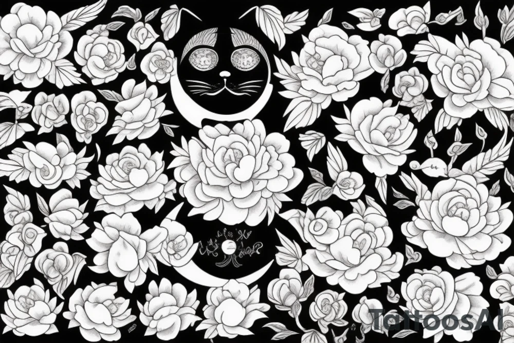 Cat, moon, scull, peonies tattoo idea