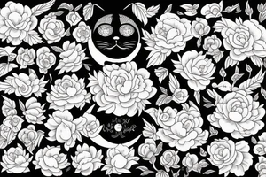 Cat, moon, scull, peonies tattoo idea