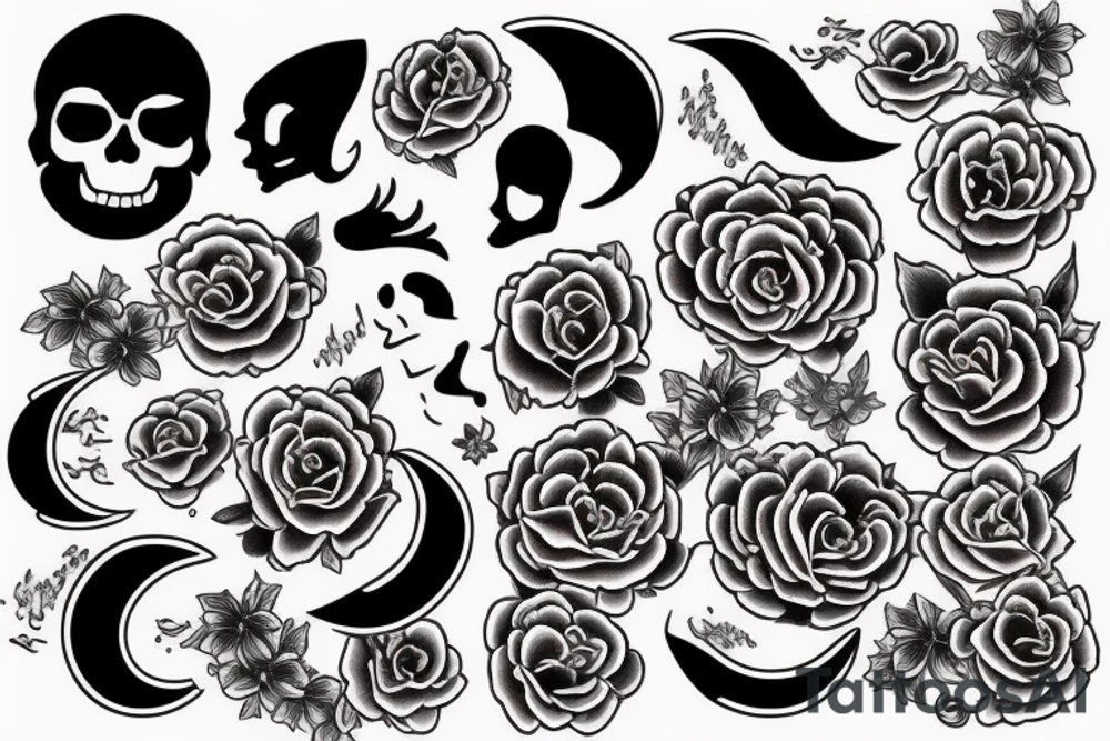 Cat's scull & moon & peonies tattoo idea