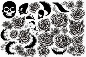 Cat's scull & moon & peonies tattoo idea