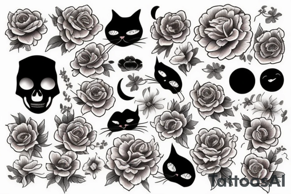 Cat's scull & moon & peonies tattoo idea