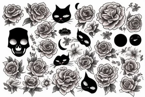 Cat's scull & moon & peonies tattoo idea