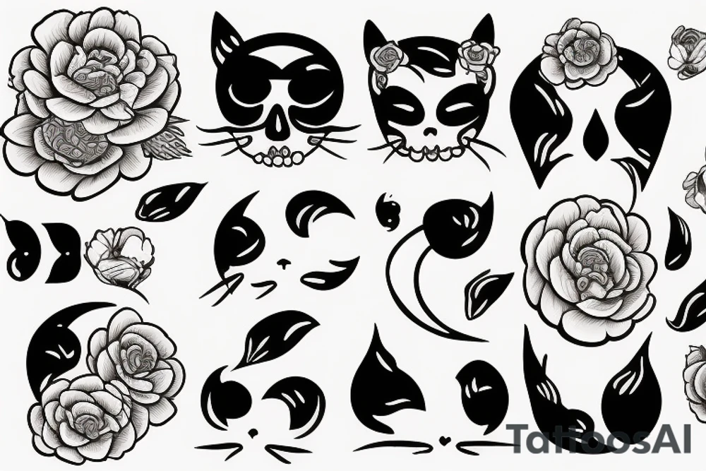 Cat's scull & moon & peonies tattoo idea