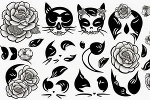 Cat's scull & moon & peonies tattoo idea