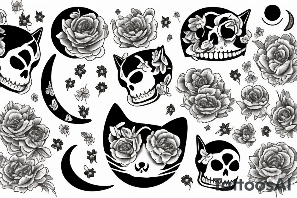 Cat's scull & moon & peonies tattoo idea