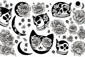 Cat's scull & moon & peonies tattoo idea