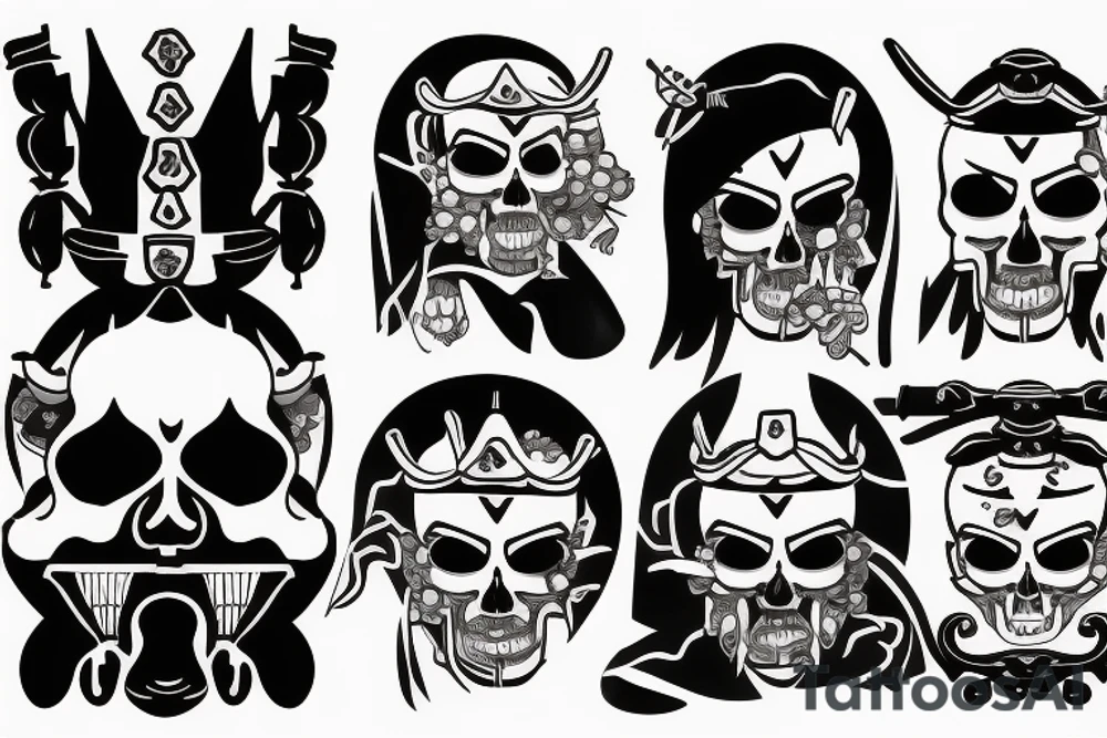 japanese samurai, skull, moweri influence design, white background, no skin tattoo idea