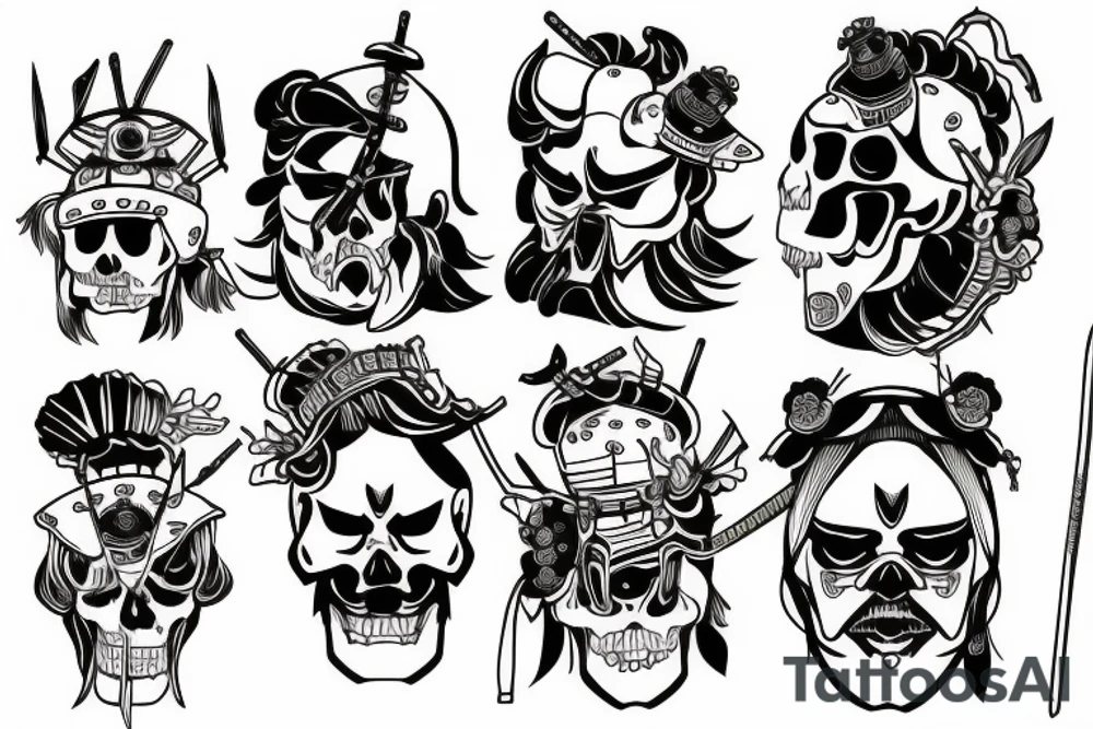 japanese samurai, skull, moweri influence design, white background, no skin tattoo idea