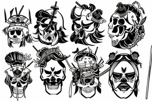 japanese samurai, skull, moweri influence design, white background, no skin tattoo idea