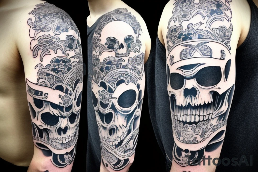 half sleeve, japanese samurai, skull, moweri influence design, white background, no skin tattoo idea