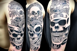 half sleeve, japanese samurai, skull, moweri influence design, white background, no skin tattoo idea