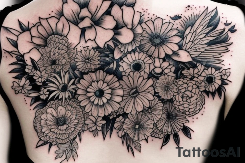 lots of flowers and birds on shoulders tattoo idea