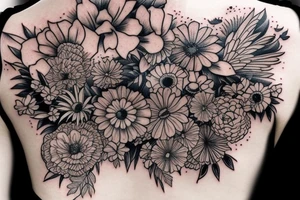 lots of flowers and birds on shoulders tattoo idea