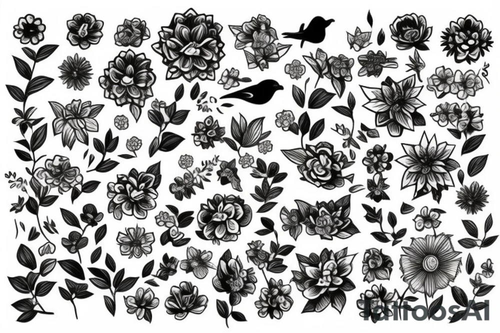 lots of flowers and birds on shoulders tattoo idea