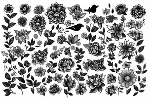 lots of flowers and birds on shoulders tattoo idea