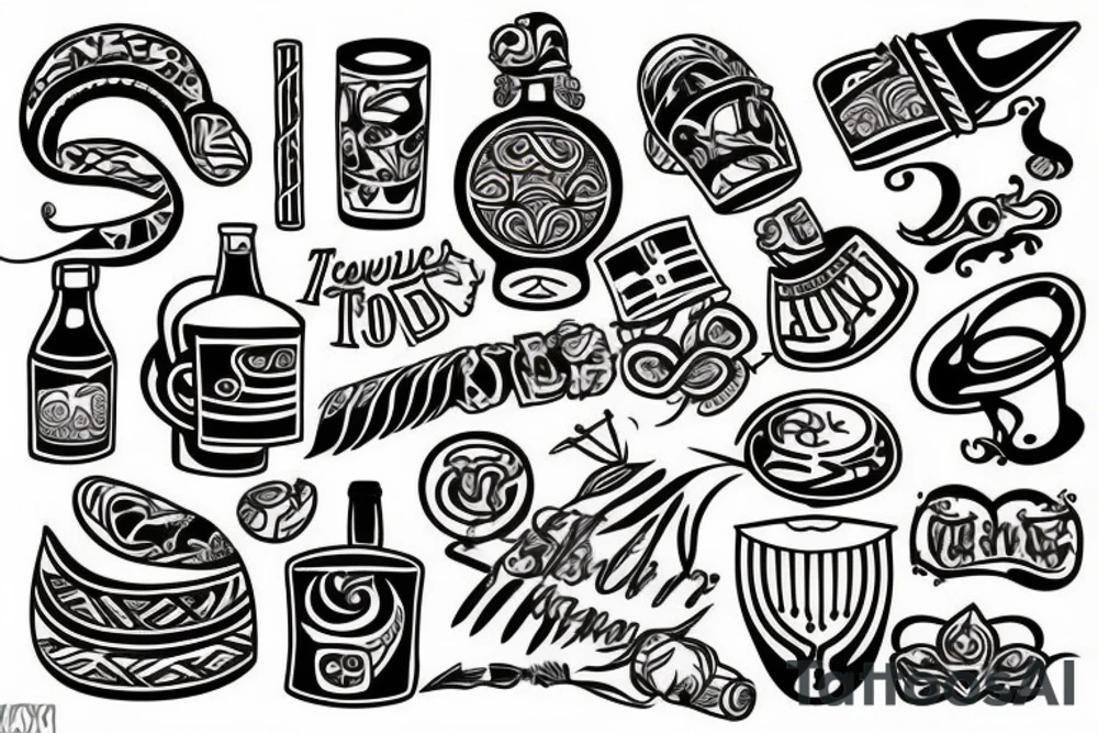 food, alcohol, travelling, taxes tattoo idea