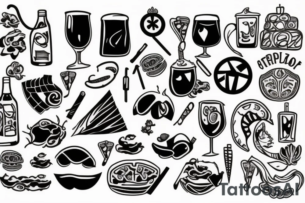 food, alcohol, travelling, taxes tattoo idea