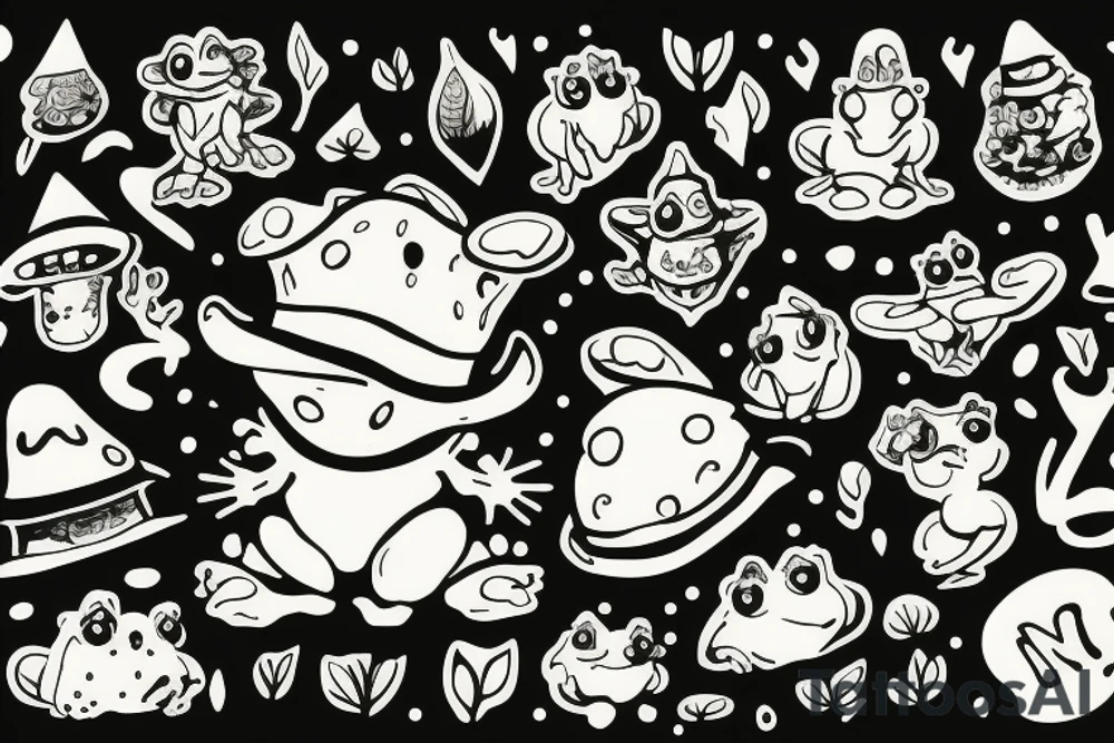 toad in a magic hat, sitting in the forest, graphic tattoo idea