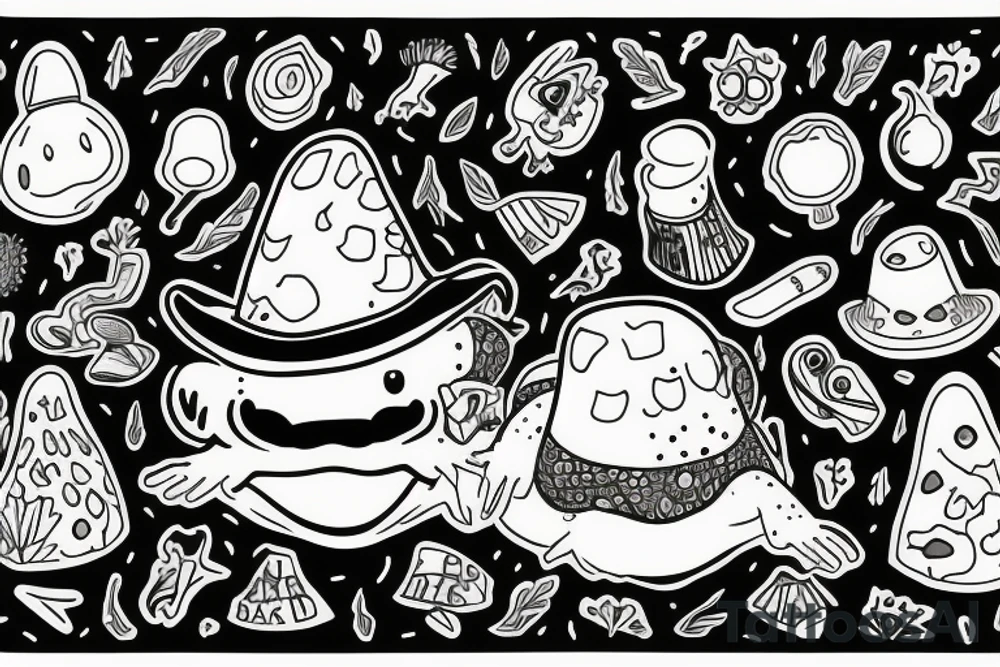 toad in a magic hat, sitting in the forest, graphic tattoo idea