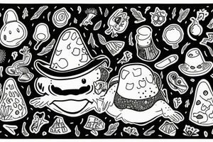toad in a magic hat, sitting in the forest, graphic tattoo idea
