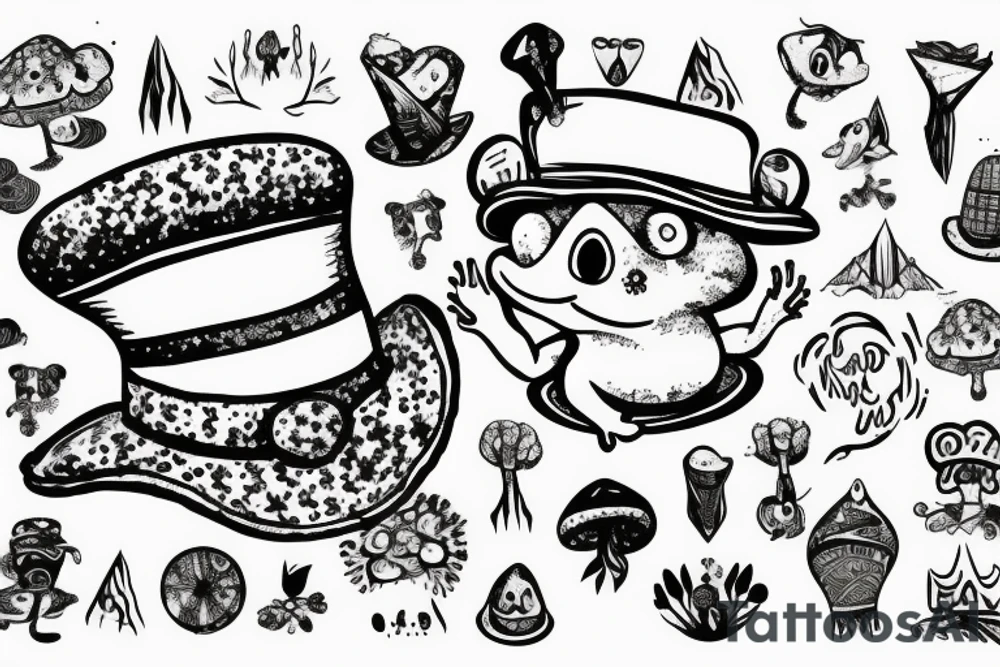 toad in a magic hat, sitting in the forest, graphic tattoo idea