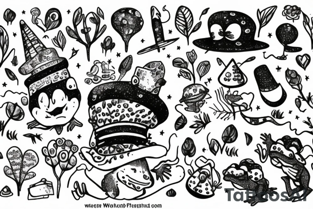 toad in a magic hat, sitting in the forest, graphic tattoo idea
