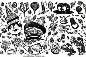 toad in a magic hat, sitting in the forest, graphic tattoo idea