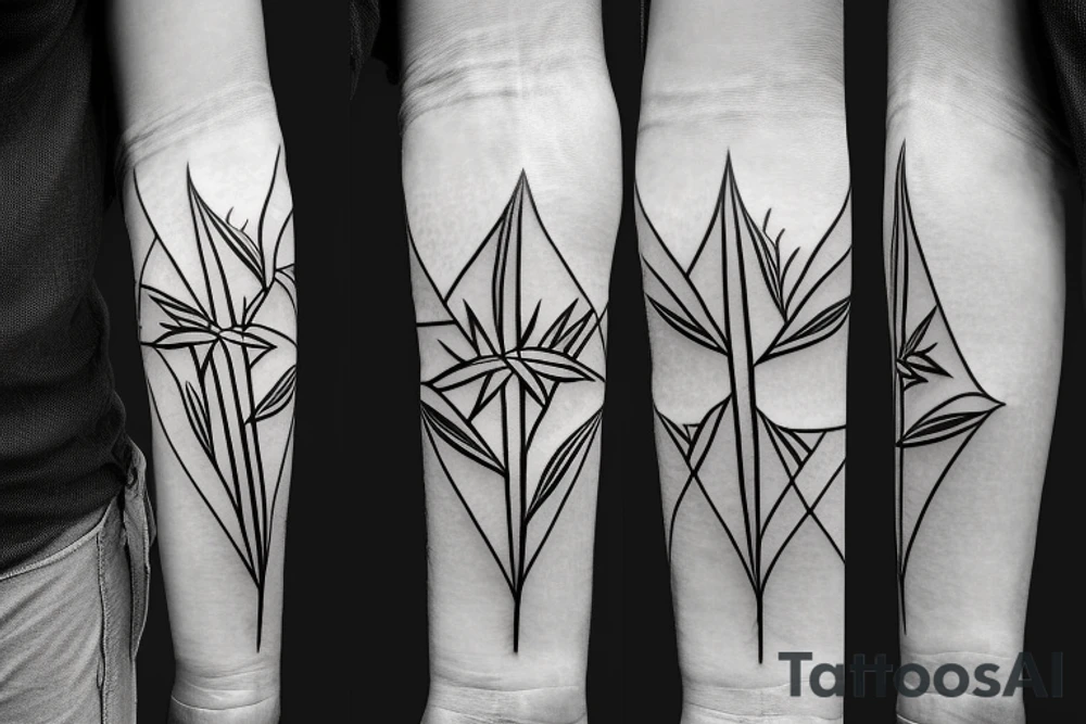 Straight and narrow bamboo sticks with leaves tattoo idea