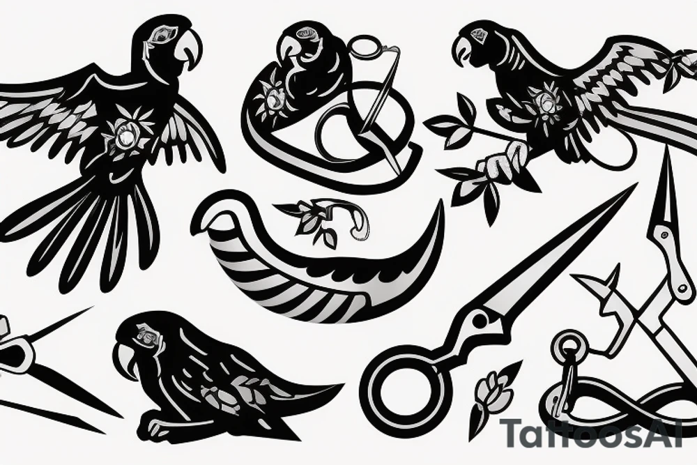 Parrot with scissors and hook tattoo idea