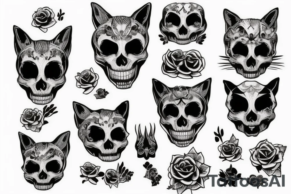 Black grimm skull cat tattoo idea