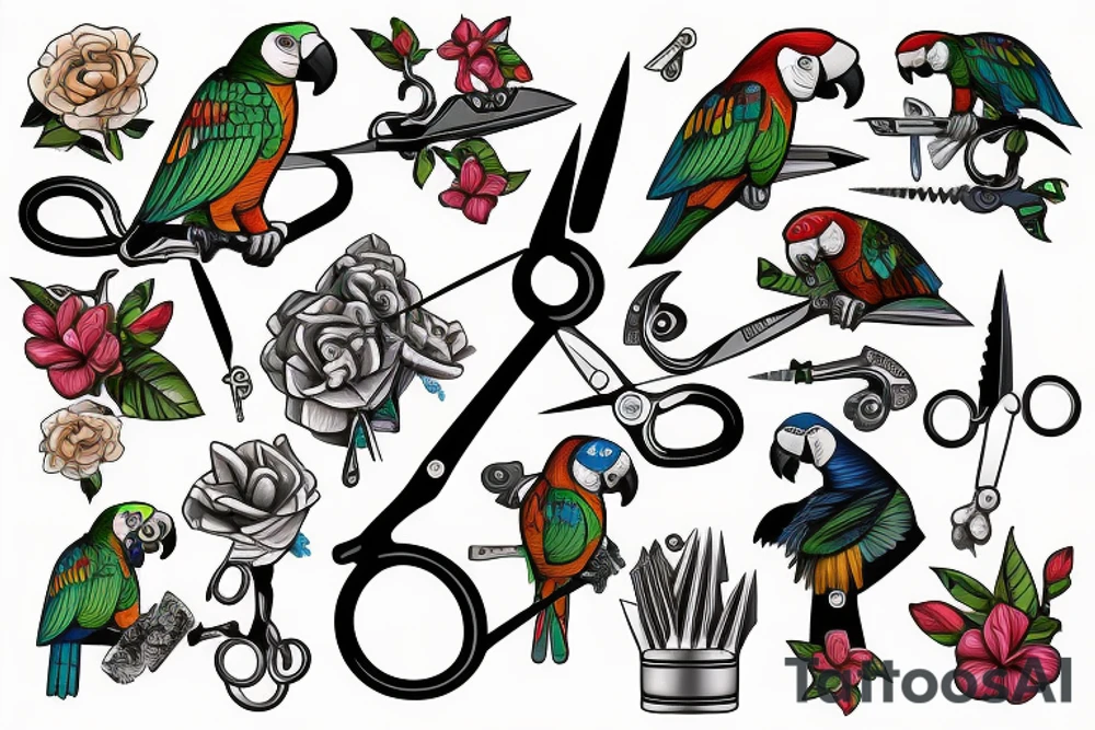 Parrot with scissors and hook tattoo idea