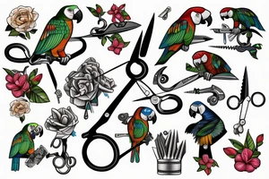 Parrot with scissors and hook tattoo idea