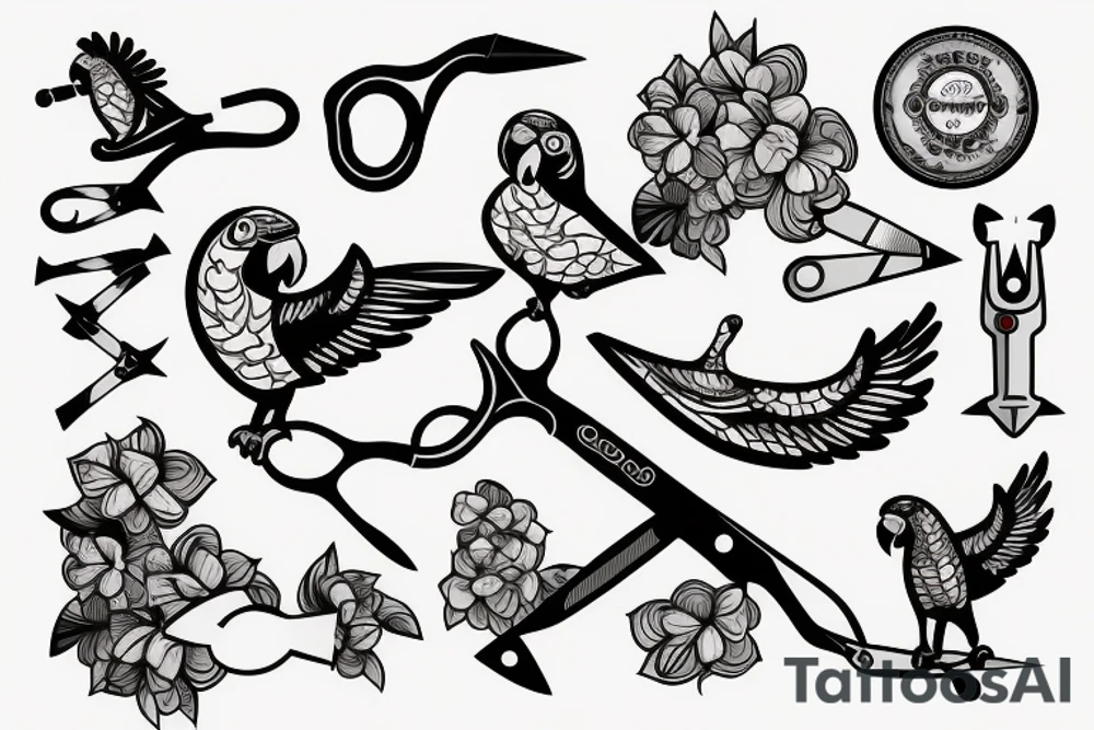 Parrot with scissors and hook tattoo idea