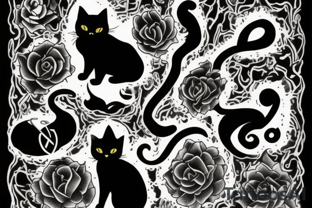 black cat on church in fire tattoo idea
