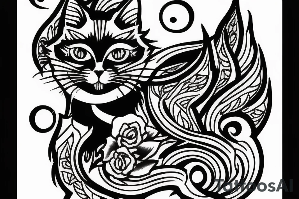 black cat on church in fire tattoo idea