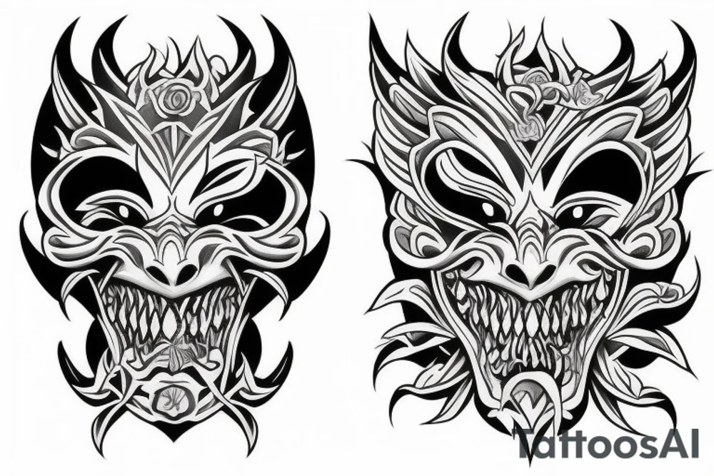demon mask in sakura flowers tattoo idea