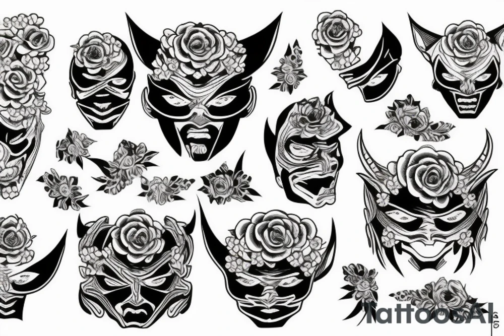 demon mask in sakura flowers tattoo idea