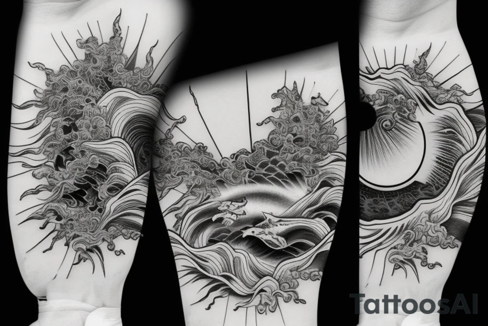 light shading rising sun sun rays sun rise over ocean tattoo idea