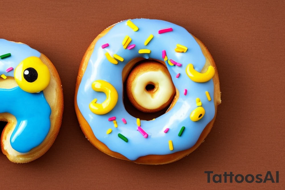The drawing depicts two cute donuts with eyes and legs, in blue and yellow colors, tenderly embracing each other. Each of the two delightful pastries has a bite taken from the opposite side, as a symbol of union and sharing. The style of the drawing is playful and fun, with a touch of sweetness. The donuts are vividly and colorfully drawn, with shades of blue and yellow, and are surrounded by small drops of white icing that make them look even more delicious. tattoo idea