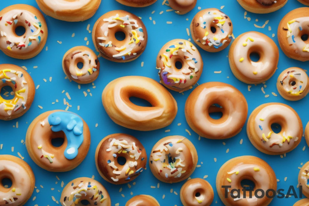 The drawing depicts two cute donuts with eyes and legs, in blue and yellow colors, tenderly embracing each other. Each of the two delightful pastries has a bite taken from the opposite side, as a symbol of union and sharing. The style of the drawing is playful and fun, with a touch of sweetness. The donuts are vividly and colorfully drawn, with shades of blue and yellow, and are surrounded by small drops of white icing that make them look even more delicious. tattoo idea