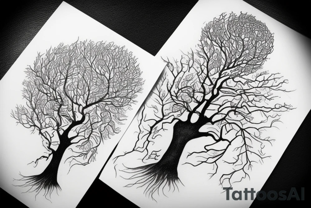 Oak with a root dissolves in the wind tattoo idea
