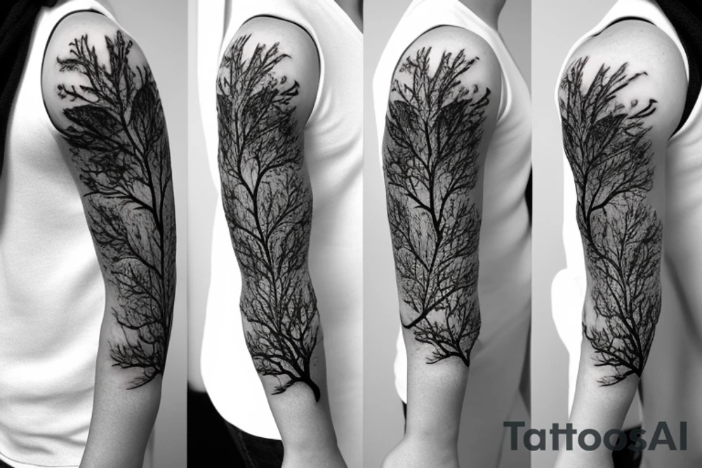 Oak with a root and leafs dissolves in the wind tattoo idea Oak with a root and leafs dissolves in the wind tattoo idea