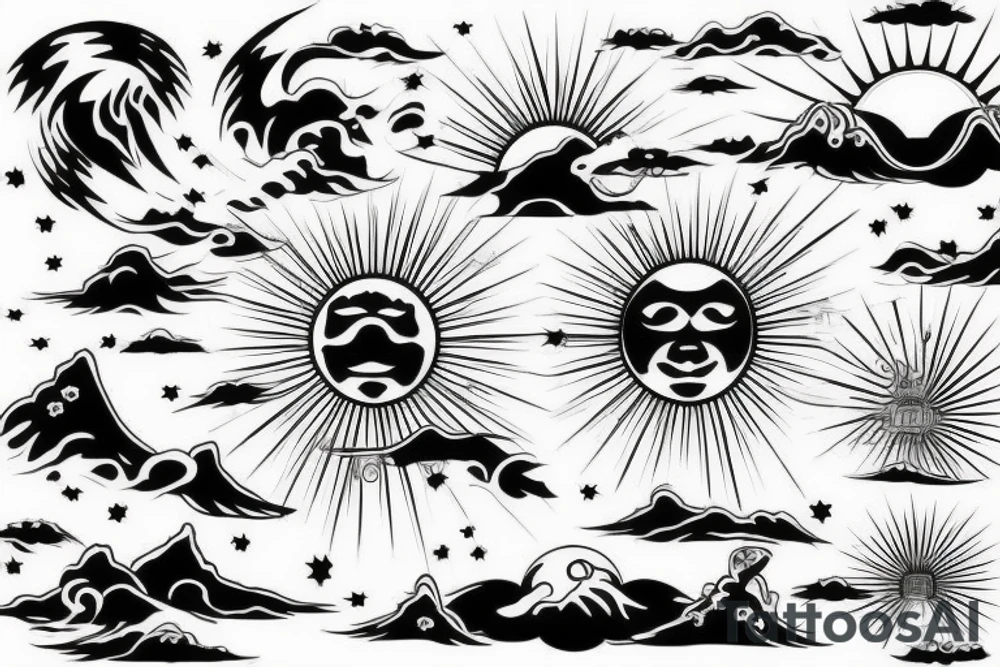 light shading rising sun sun rays sun rise over ocean tattoo idea