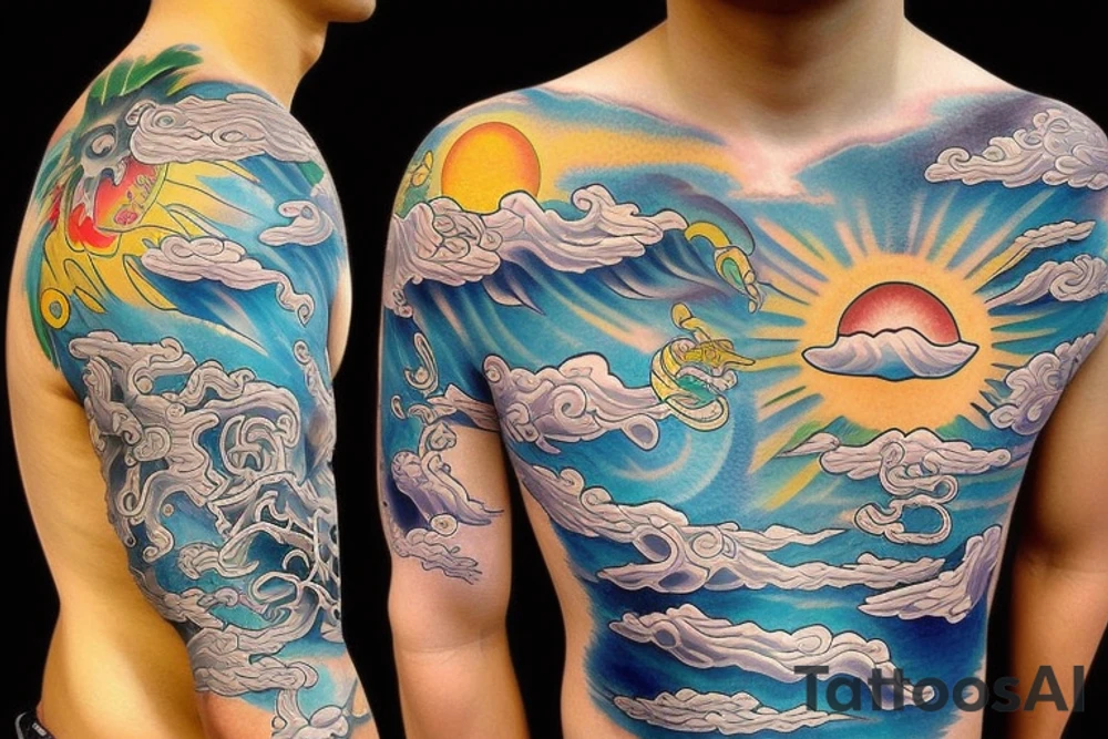 light shading rising sun sun rays sun rise over ocean tattoo idea