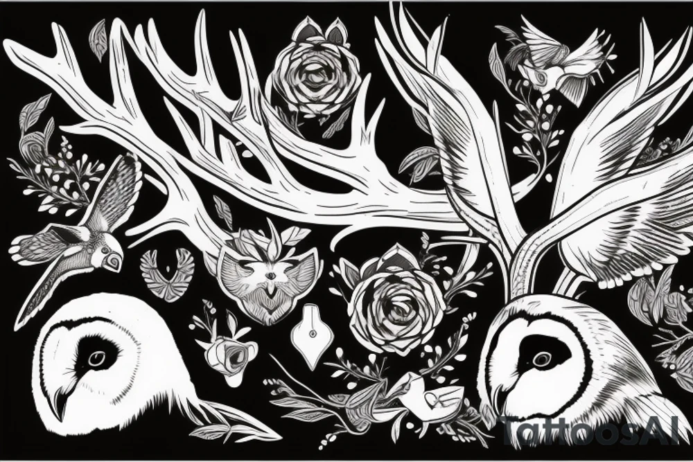 Barn owl with deer antlers tattoo idea