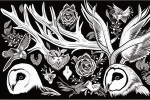 Barn owl with deer antlers tattoo idea