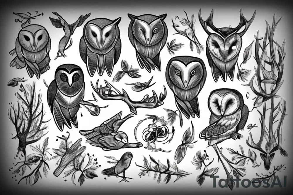 Barn owl with deer antlers tattoo idea