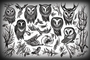 Barn owl with deer antlers tattoo idea